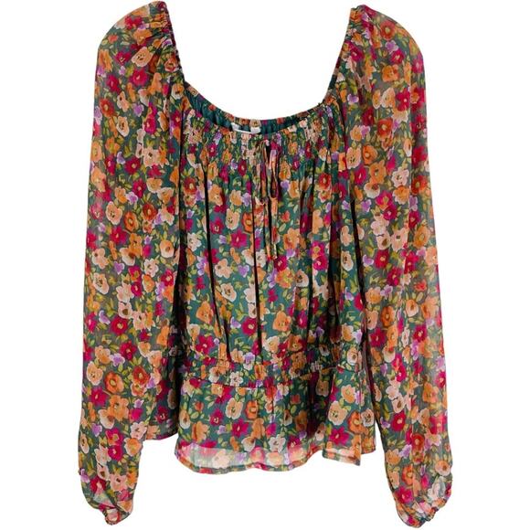 LC Lauren Conrad Tops - Lauren Conrad green pink floral chiffon boho stretchy cottagecore top large